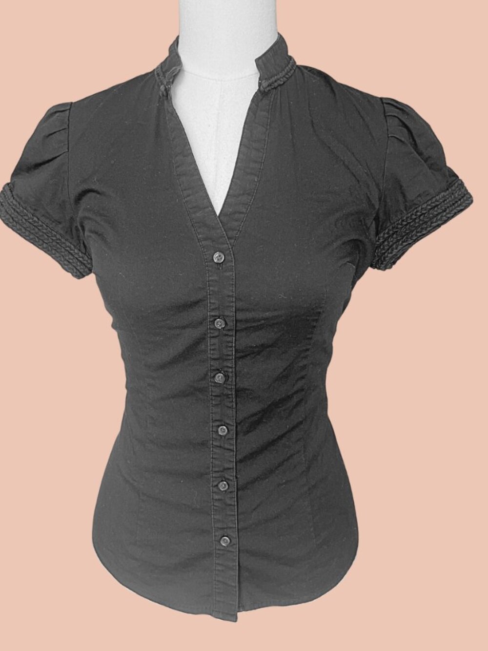 Y2K Express Ruched Puff Sleeve Button Blouse
